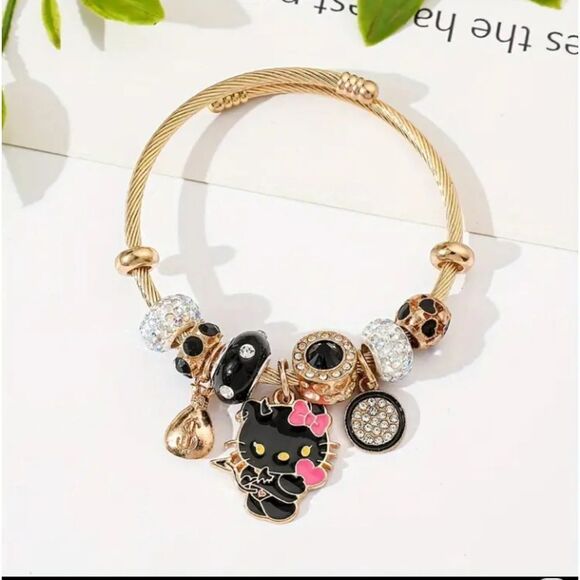 Hello Kitty Charm Pendant Black & Gold Tone Bangle Bracelet - Picture 3 of 4